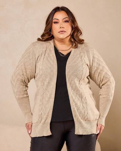 Cardigan Trança Com Bolso Casual Plus Size
