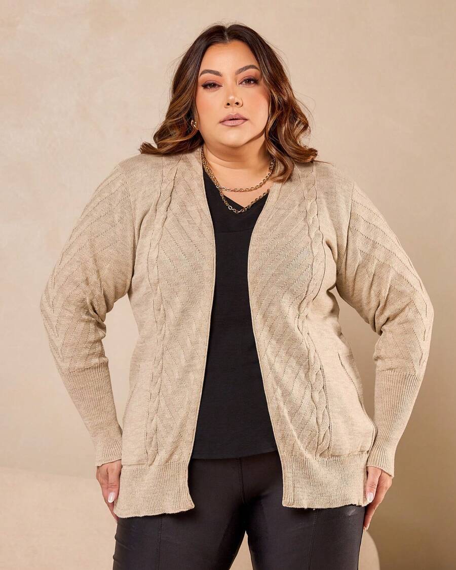 Braided Cardigan With Pocket Casual Plus Size - Sand - View 1