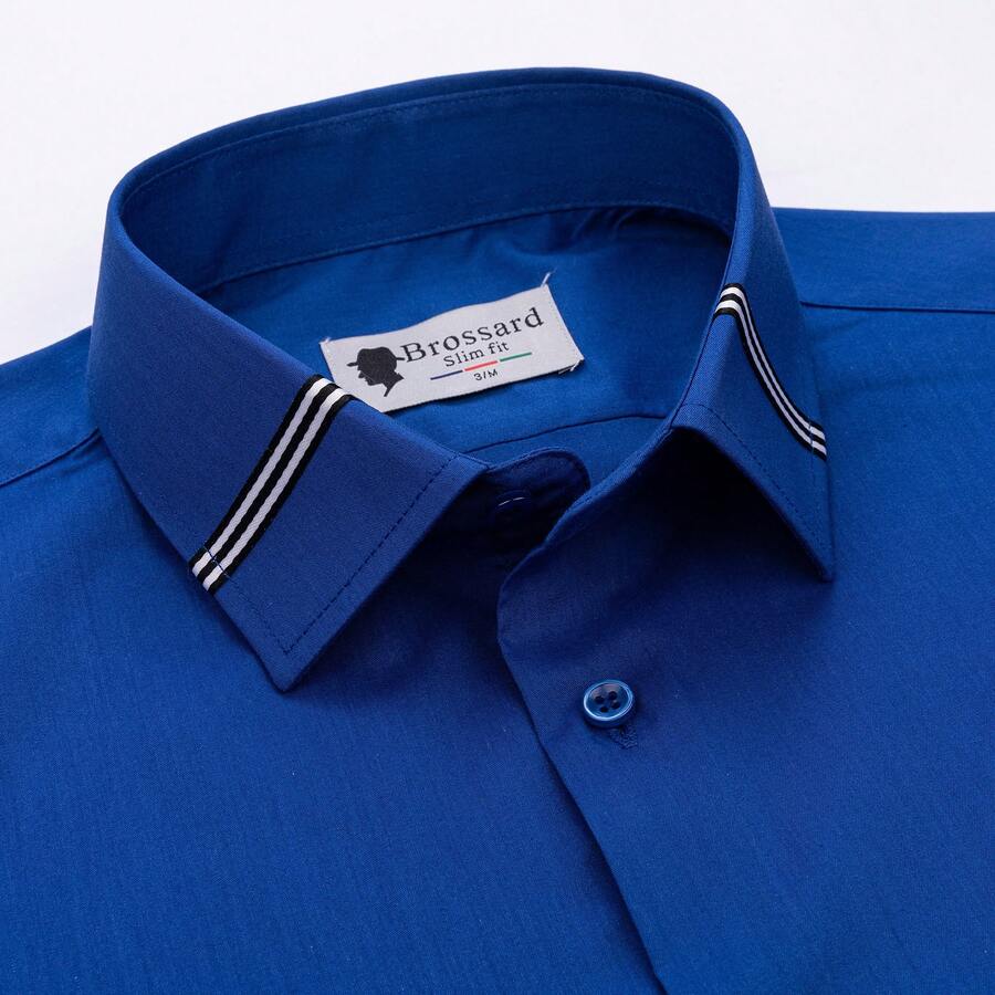 [Tedelon]56% Polyester 40% Cotton 4% Spandex ,Slim Fit Dress Shirt -Formal/Casual Shirt With Contrast Collar & Cuff Details, Breathable Cotton Blend For Business - 寶藍色 - 查看 1
