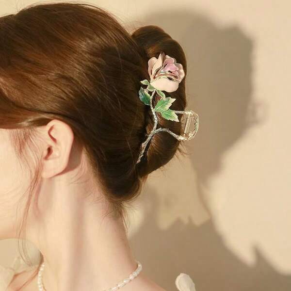 1pc Zinc Alloy Oil Drop Leaf & Rose Decor Hair Claw