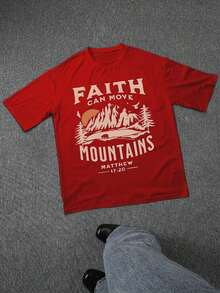 Faith Moves Mountains Men's Casual Cotton Short-Sleeve T-Shirt - Men's Basic Summer T-Shirt (Sizes S-XXXL) Vintage Style, Graphic T-Shirt, Romwe, Fun T-Shirt, Printed Pattern T-Shirt, Western Style, Printed Pattern T-Shirt - 紅色 - 查看 2