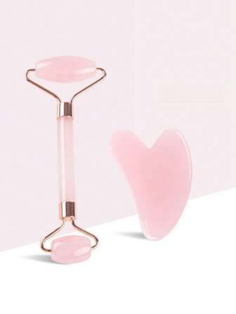 1 stuk beauty scraper + 1 stuk beauty roller (2 stuks beauty scraper + beauty roller set), roze gezichts Gua Sha massage-apparaat, geschikt voor Meridian Gua Sha lichaamsmassage-apparaat, gezichtsmassage-apparaat