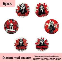 1套/4件/6件万圣节恐怖脸和枫叶图案硅藻泥杯垫，咖啡杯垫，家居和餐厅多场合装饰品，日常礼物，餐桌装饰，日常装饰，主题派对装饰