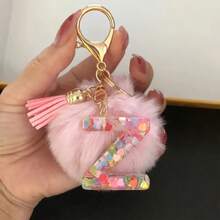 1pc Initial Letter Keychain, Cute Fluffy Ball Keyring, Bag/Backpack Charm, Car Pendant, Women Daily Gift