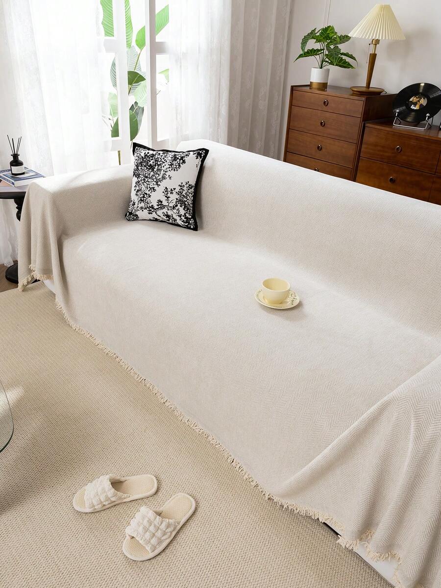 1件米色雪尼尔沙发套，带流苏，防刮设计，适合宠物，可机洗，防滑，适用于客厅、卧室、办公室、家居装饰，适合1/2/3/4人座沙发（多种尺寸可选），秋季装饰