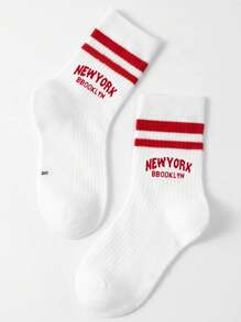 1pr Children's Double-Bar Letter Design Athletic Mid-Calf Socks, Casual Wear - Multicolor - View 3