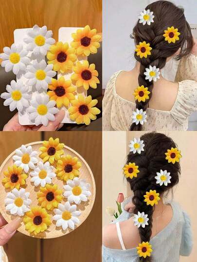 10pcs Sunflower Shaped Sweet Style Hair Clips, Multicolor Fresh Cute Daisy Design Hair Accessories, Suitable For Daily Wear, 1pc