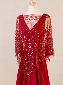 雪纺 V 领无袖连衣裙配蕾丝披肩，圣诞晚礼服配免费披肩 - 紅色 - 查看 9