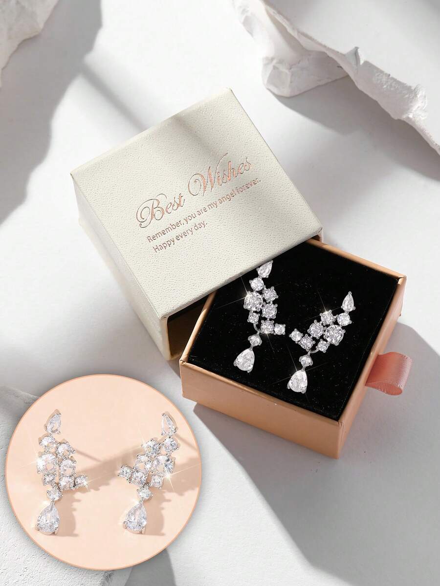 礼盒装奢华全水钻冰晶翼圣诞耳环，时尚女士珠宝耳环，适合婚礼、订婚、派对、节日礼物 - 銀色2 - 查看 1