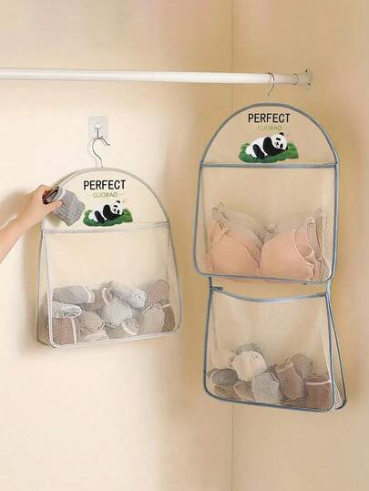 1pc Hanging Underwear & Sock Storage Bag, Multi-Functional Hanging Pouch, Panda Pattern Lingerie & Sock Bag, Breathable Wall-Mounted Storage Bag For Bathroom, Bedroom, Kitchen, With Hanging Strap, Beige Wall-Mounted Storage Bag, Dorm Essential Clothing Organization Bag, Wardrobe Storage