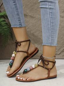 Yipa Colorful Bead Sandals For Teenagers, With Toe And Foot Clips, Summer Flat Bottom, Non Slip Soft Bottom, Fashionable And Versatile Strap, Cool Slippers Suitable For Beach Parties And Gatherings - Brown - View 2