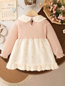 女婴甜美碎花领蝴蝶结长袖拼布连衣裙，适合春秋季日常公主裙 - 粉色 - 查看 2