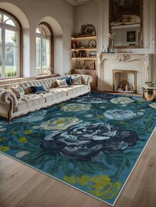 1PC Blue Flower Positioning Print Living Room Area Rug Comfortable And Soft Surface 100% Polyester Waterproof And Stain-Resistant Silicone Back Non-Slip And Non-Shifting Suitable For Living Room Large Size Bedroom Home Decoration Household Items Door Outdoor Rug Mat Multiple Sizes Available Machine Washable And Easy To Care For Pet And Child Friendly Kitchen Rug