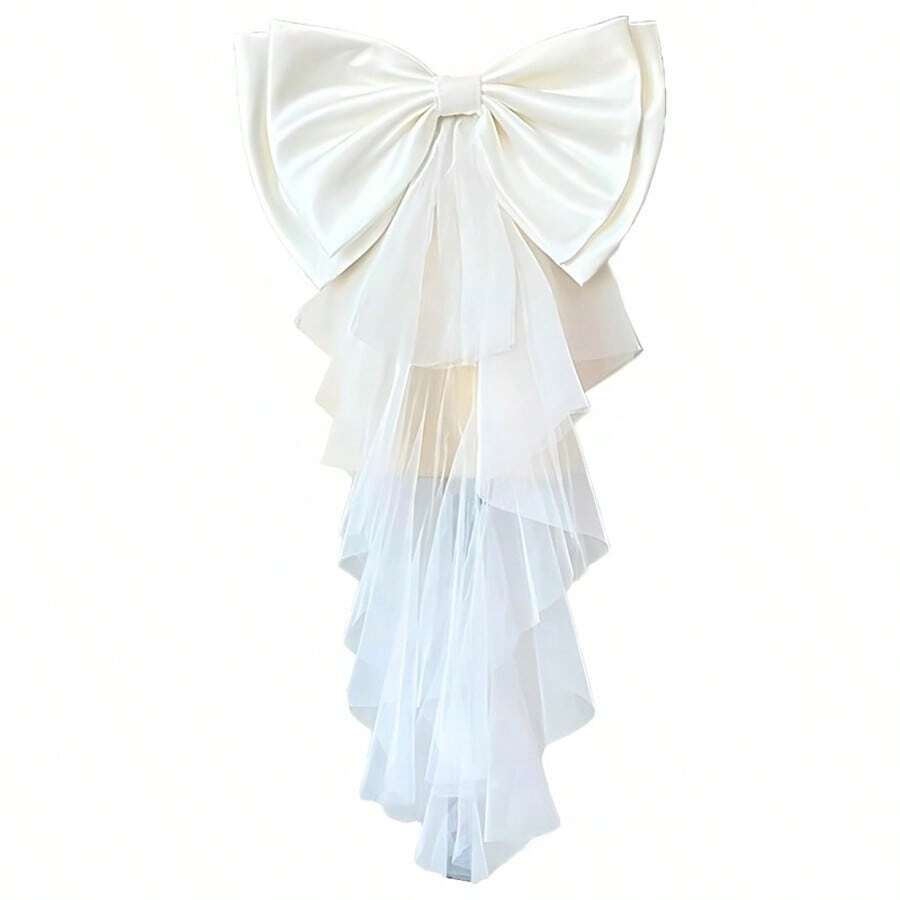 Detachable Satin Ribbon Bow For Bridal Dress Bows With Irregular Tulle Tails, Set Of 2, Black And White - 黑與白 - 查看 1