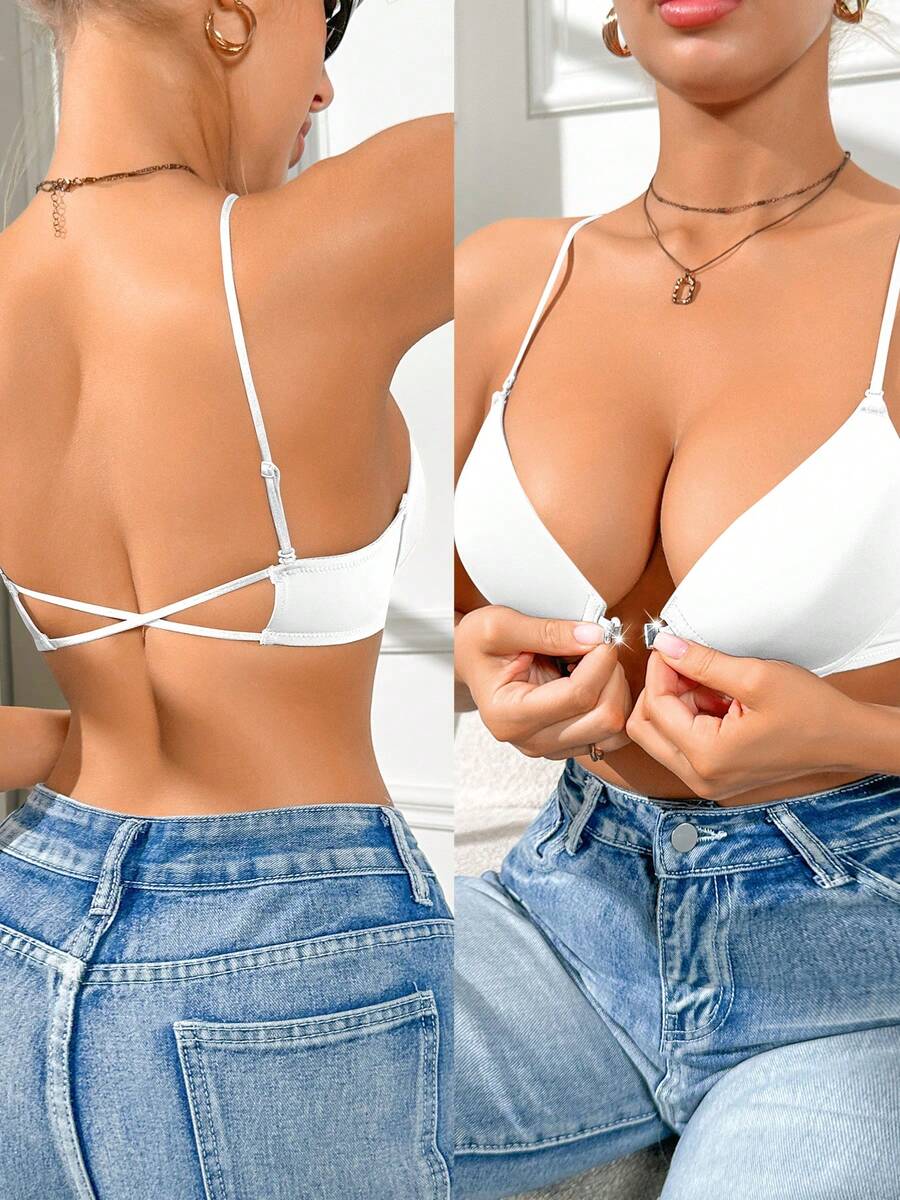 1 件白色前扣、交叉肩带、精致细肩带、软杯支撑女士文胸 - 白色 - 查看 1