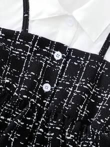 BASUSARRI 年轻女孩优雅时尚服装，长袖上衣搭配仿肩带连衣裙和收腰喇叭裤，适合休闲场合