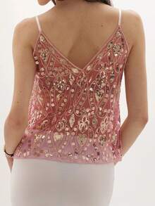 Women's Sequin Slim Camisole Spaghetti Strap V-Neck Slim Fit Cropped Tank Tops Streetwear - Nhiều màu - Xem 6