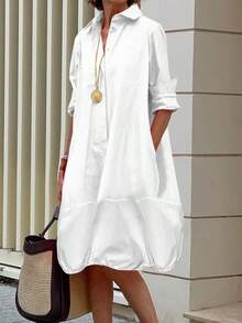Solid Color Loose Fit Shirt Dress For Women Lapel Collar Long Sleeves Buttoned Midi Dress - 白色 - 查看 1