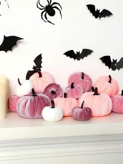 16 peças de decoração de abóbora, decoração rosa de Halloween, decoração de abóboras artificiais de outono, decoração de abóboras de espuma de veludo sintético para decoração de Halloween, decoração de casa de outono, decoração de Ação de Graças com tema de colheita em fazenda