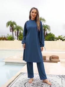 VFJ 布基尼穆斯林女士泳衣 端庄伊斯兰泳装 长袖全罩式 3 件套沙滩装 带泳帽 - 藏蓝色 - 查看 6