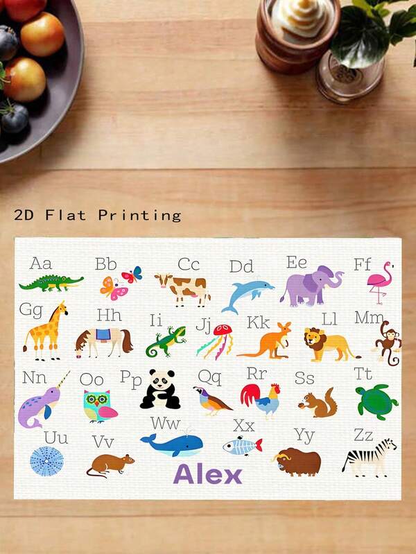 1pc Personalized Name Placemat With Cute Animal & Letter Design, ABC Desk Mat, Name Placemat, Laminated Placemat, Easy To Clean, Linen Material 32*42cm, Suitable For Dining Room, Living Room, Indoor