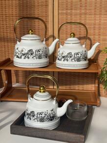 1 Set Enamel Kettle, Oriental Charm Enamel Pot,Checkered Lemon Pattern,Underglaze Blue Bird Pattern, Wonderful Items With High Aesthetic Appeal Gift, Suitable For The Kitchen, Living Room, Courtyard And Dining Table.