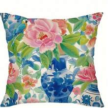 18x18 Inch Blue And White Chinoiserie Throw Pillow Covers, Floral Peacock & Pagoda Watercolor Print, Farmhouse Decor For Indoor/Outdoor Use, Envelope Closure, Machine Washable - 樣式 2 - 查看 2