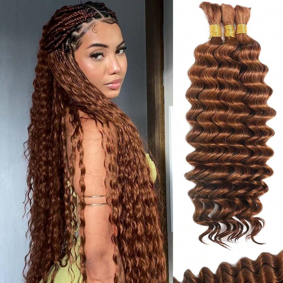 Human Braiding Hair For Boho Braids Human Hair Braiding Hair 110g 20 Inch Curly Boho Hair For Braiding Knotless 12A Deep Wave Bulk Human Hair For Braiding Bohemian 3 Bundles/Pack Auburn Ginger - S30 - View 1