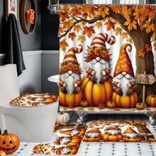 1/4 Pcs Thanksgiving Autumn Shower Curtain Set, Pumpkin & Maple Leaf Cute Harvest Burnt Orange Waterproof Polyester Washable Autumn Bathroom Shower Home Decor Gift With 12 Hooks Non-Slip Bath Mat U-Shaped Toilet Seat Cover