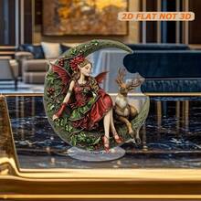 2D Flat, 1pc Rotating Acrylic Decor - Christmas Elf On Crescent Moon With Wing, Reindeer And Holly Pattern Details, Vibrant Colors, For Holiday Display, Festive Gatherings, All Season Home Decor (Bedroom, Kitchen, Living Room)