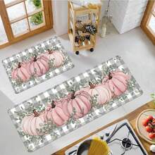 1/2 pièces Tapis de sol d'automne et de Thanksgiving, tapis de sol de cuisine avec motif de citrouille rose sur fond à carreaux gris-blanc classique. Convient pour la décoration de fête, la cuisine, la salle de bain, la chambre, la cuisine et la salle à manger, les décorations de Thanksgiving, l'aménagement festif du sol - Multicolore - Voir 2