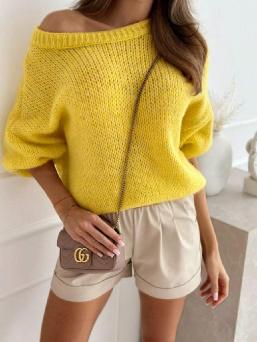Women's Yellow Knit Pullover Sweater, Elegant Daily Wear, Long Sleeve Sweater For Travel, Autumn/Winter - Yellow - View 1