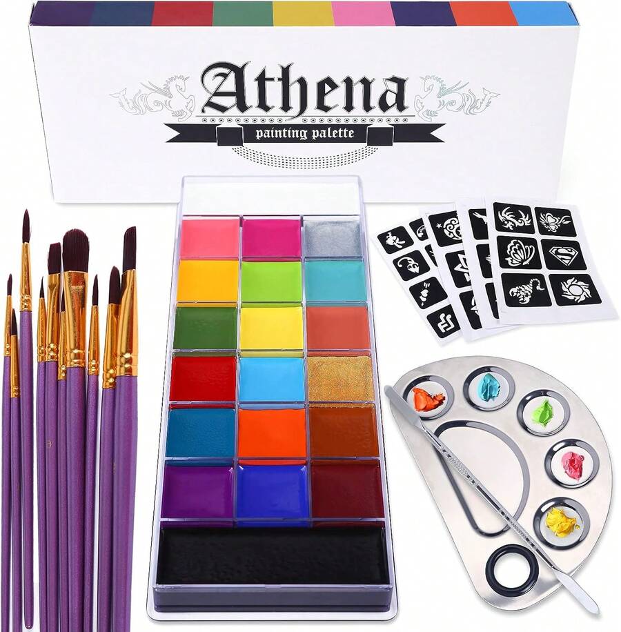 Athena Face Body Paint Oil Makeup Set, 20 Colors FX Halloween Party Painting With Stainless Steel Mixing Palette And Spatula Tool,10 Pcs Artist Paintbrushes,Tattoo Stencil Arts Crafts Kit,9416373 - M - View 1