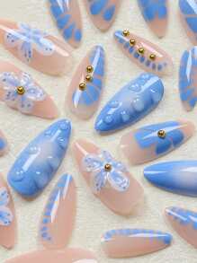 24 Stück mittelgroße Mandel-Nagelaufkleber in Blau, dreidimensional, modisches Blumen-Wassertropfen- und Gold-Diamant-Nagelset (mit: 1 Stück Gelee-Kleber und 1 Feile) geeignet für den täglichen Gebrauch und Partys von Frauen