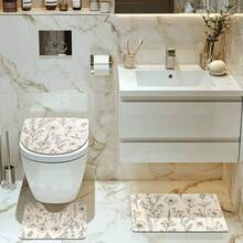 1/4 piezas Juego de baño vintage con flores, incluye cortina de ducha, alfombra de baño, tapa de inodoro en forma de U, impermeable, lavable, cortina divisoria de baño de estilo moderno, sin necesidad de perforar, hecho de poliéster - Multicolor - Ver 3