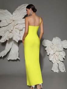 Elisanya 绷带连衣裙女士单肩手工串珠性感紧身开衩优雅鸡尾酒会晚礼服 - 黃色 - 查看 6
