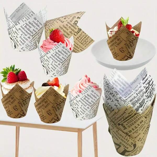 50pcs Tulip Shaped Cupcake Liners With Natural Newspaper Print, Non-Stick Baking Cups Suitable For Wedding, Birthday Party, Vintage Country Style, Durable Party Food Supplies, Birthday Dessert Containers, Material, Home Baking Supplies, Random English Letters
