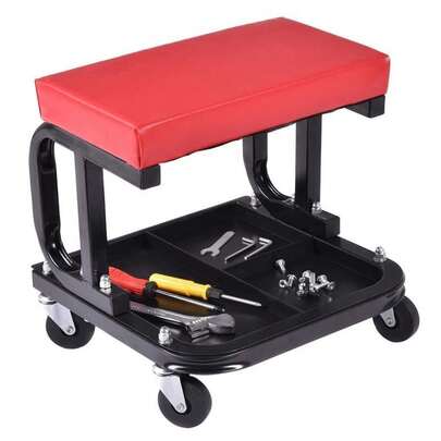 Red Rolling Creeper Garage/Shop Seat: Padded Mechanic Stool 360° Swivel Casters, 4-Wheels Workshop Stool - With Tool Tray Perfect For Garage, Workshop, And Car Repair Shop Use