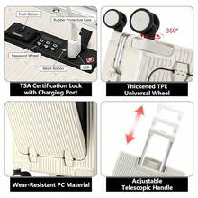 1pc Front Opening 20-Inch Carry-On Luggage With USB Port & Cup Holder & Phone Holder, Versatile Aluminum Framed Carry On Suitcase With Spinner Wheels And Laptop Compartment Pocket, High-Value Durable Hardside Luggage, Password Lock Trolley Case - 深灰色 - 查看 3