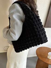 别致的云朵、泡泡和花朵印花单肩包，女学生新款背心包，简约帆布购物手提包，书包，便携，可折叠，大容量，适合少女、女大学生、大学、中学、高中 - 彩色 - 查看 4