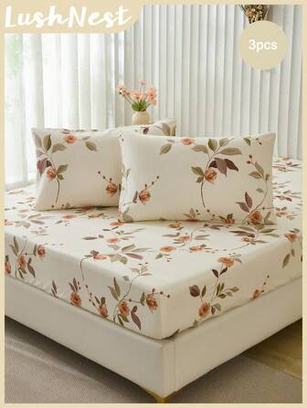 3pcs Beige Background Floral Leaves Cottagecore Style Fitted Sheet 3 Pieces Set (1 Fitted Sheet + 2 Pillowcases Without Insert), Daily Polyester Soft Skin-Friendly, All-Season Indoor Bedroom Use, Rustic Home Decor, Aesthetic Bedding