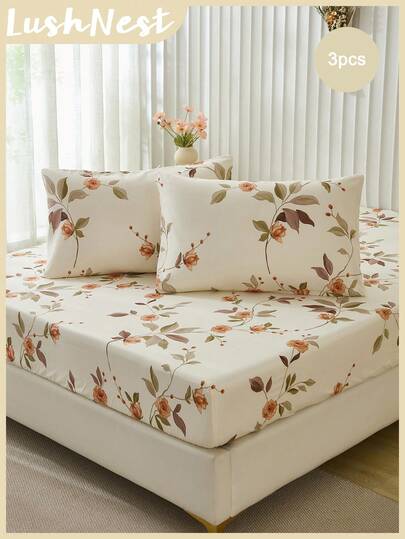 3pcs Floral & Leaf Printed Bedding Set (1 Fitted Sheet + 2 Pillowcases, Pillow Insert Not Included), Polyester Fabric, Soft & Skin-Friendly, Suitable For All Seasons Indoor Bedroom Use, Rustic Style Home Decor, Elegant Bedding