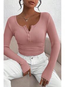 Women's 2026 Fall Long Sleeve Henley T Shirts Button Ribbed Knit Slim Fit Basic Tops Blouse Casual Outfits/Vacation Outfits Women/Valentine Outfits For Women - 藕粉色 - 查看 6