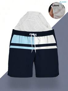 男士夏季印花图案抽绳腰斜口袋夏威夷速干双层网眼衬里短裤，撞色3D艺术印花，时尚休闲沙滩泳裤 - 彩色 - 查看 2