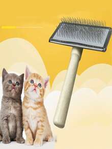 1pc Simple Wooden Handle Pet Grooming Brush - Grey - View 1