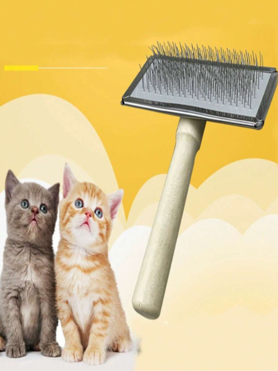 1pc Simple Wooden Handle Pet Grooming Brush - Grey - View 1