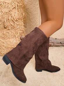 Fall/Winter 2025 Women's Fashion New Knee-High Boots, Stylish Pointed Toe Comfortable Thick Heel Brown Knee-High Boots, Fashionable Women's Western Cuff Boots, Multi-Function British Casual High Heel Riding Boots - Brown - View 5