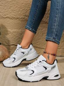 New Women Casual Sneakers, Preppy Style Chunky Sneakers, Lace-Up Round Toe Mesh & Leather Patchwork Breathable Versatile Printed Graffiti College Style Student Outdoor Hiking Leisure Commuting Shoes