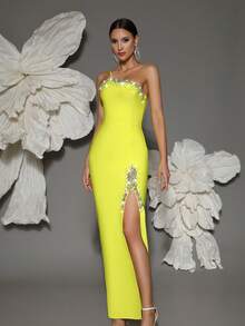 Elisanya 绷带连衣裙女士单肩手工串珠性感紧身开衩优雅鸡尾酒会晚礼服 - 黃色 - 查看 2