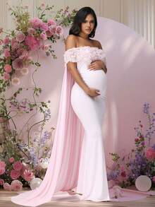 JustVH Maternity Floral Off-Shoulder Dress For Baby Shower, Mesh Cloak Maxi Women Outfit Photoshoot Prop